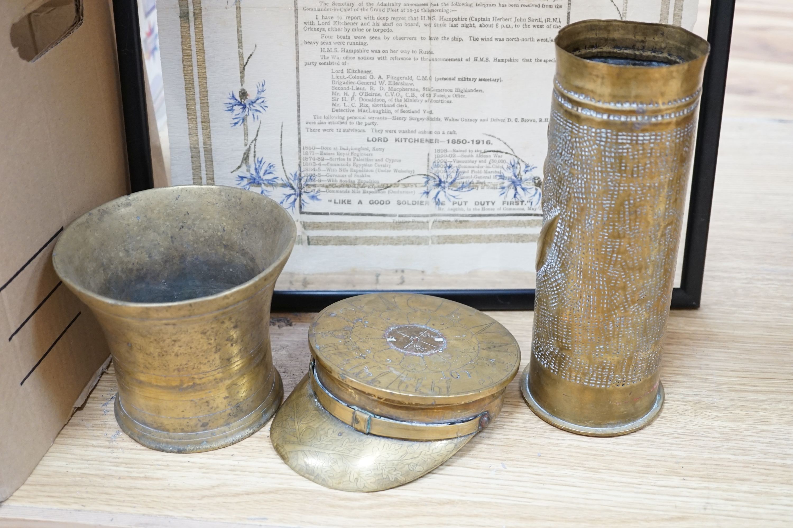 A collection of trench art, a Kitchener framed printed panel and an Egypt 1915 embroidered silk panel